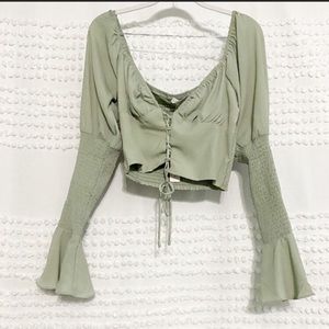 O. Vianca lace up cropped smocked sleeve blouse l